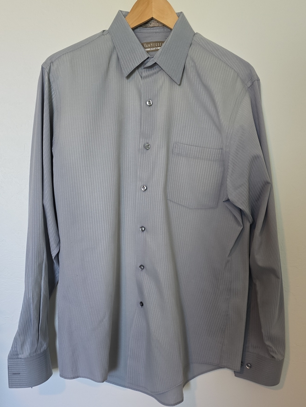 Van Heusen Men's Light Gray Pinstripe Button-Up Dress Shirt
